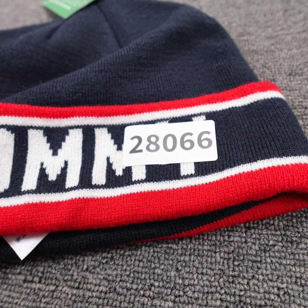 Tommy Hilfiger Hat Beanie Fitted Mens One Size Blue Red Stripe Logo Knit Winter